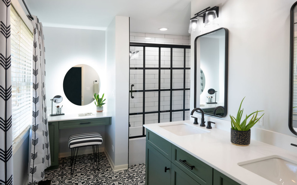 Photo of a small transitional master bathroom in Chicago with beaded inset cabinets, green cabinets, an alcove tub, a shower/bathtub combo, a two-piece toilet, white walls, ceramic floors, engineered quartz benchtops, white floor, a sliding shower screen, white benchtops, a double vanity and a freestanding vanity.