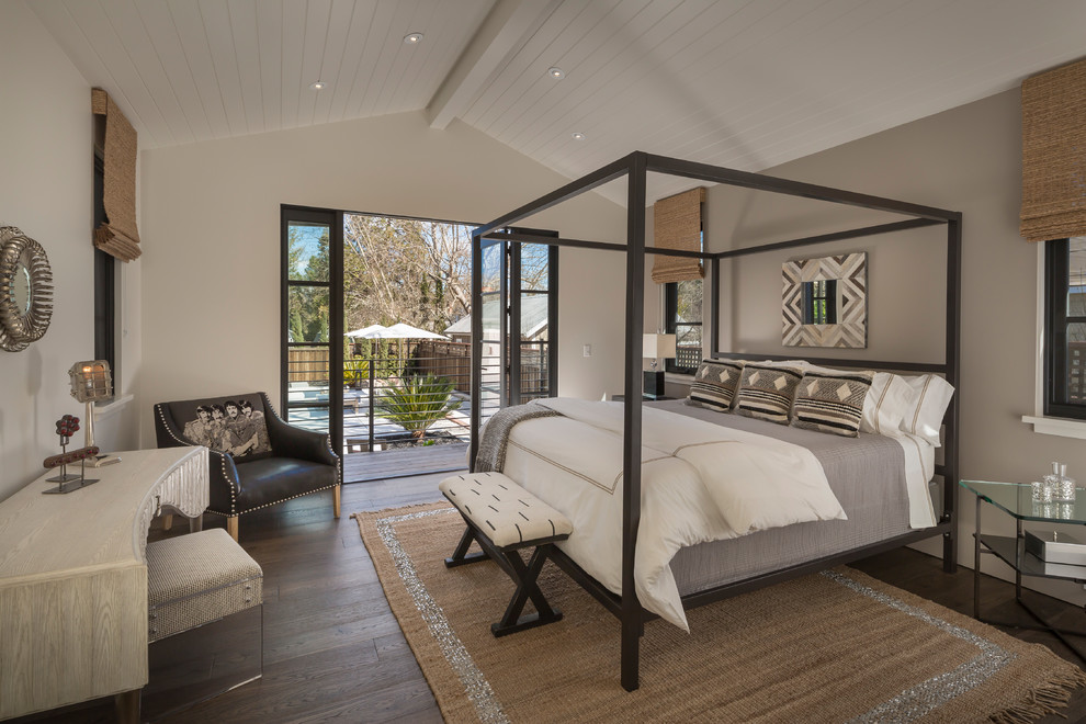 Design ideas for a country master bedroom in San Francisco with grey walls, dark hardwood floors and no fireplace.