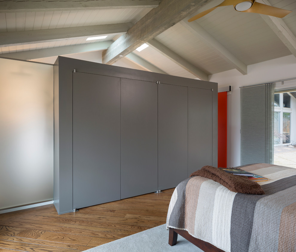 Mid-sized minimalist master dark wood floor and brown floor bedroom photo in Other with white walls and no fireplace