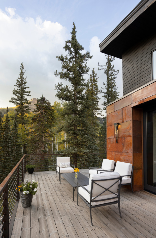 Imagen de terraza contemporánea sin cubierta en patio trasero con brasero y barandilla de metal