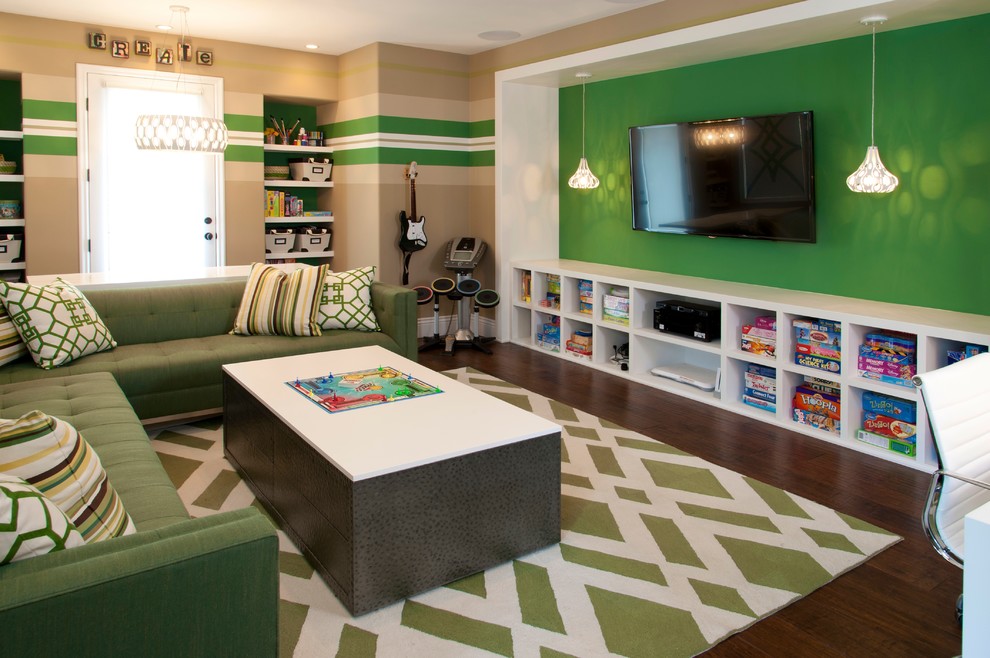 This is an example of a contemporary gender-neutral kids' playroom in San Diego with dark hardwood floors and multi-coloured walls.
