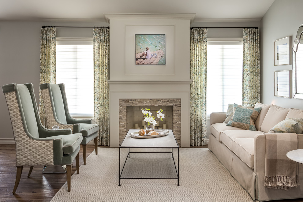 Inspiration for a mid-sized traditional formal open concept living room in San Diego with grey walls, medium hardwood floors, a standard fireplace, no tv and a tile fireplace surround.