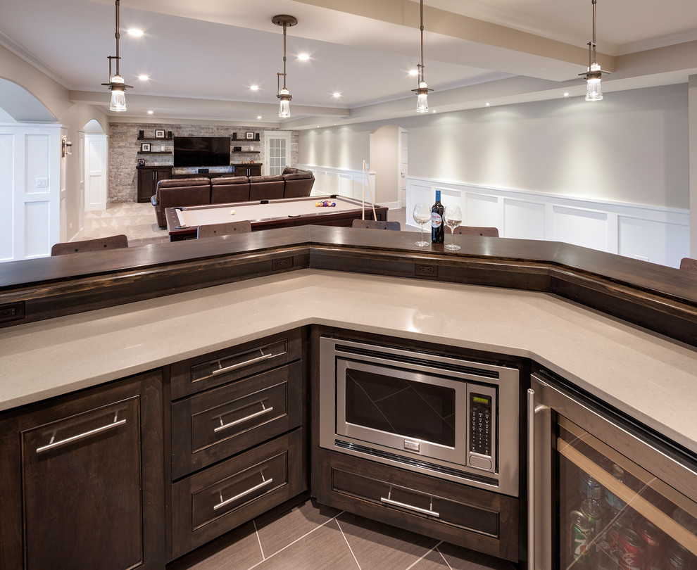 Inspiration for a large transitional look-out porcelain tile and brown floor basement remodel in Chicago with beige walls and no fireplace