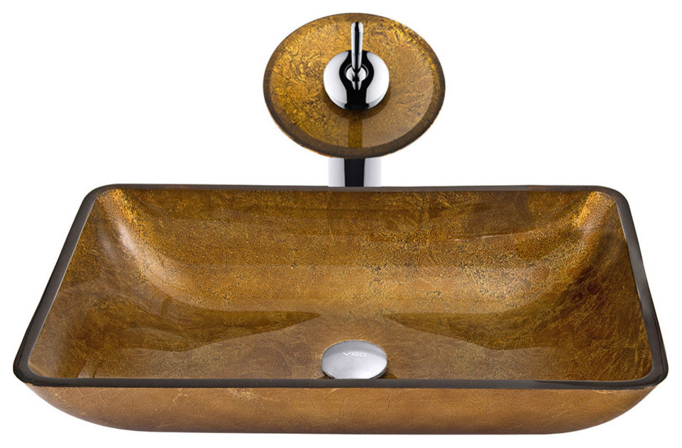 Rectangular Copper Glass Vessel Sink and Waterfall Faucet Set in Chrome