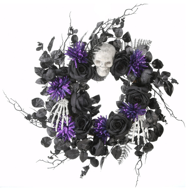 24" Halloween Skull and Purple Flowers Wreath