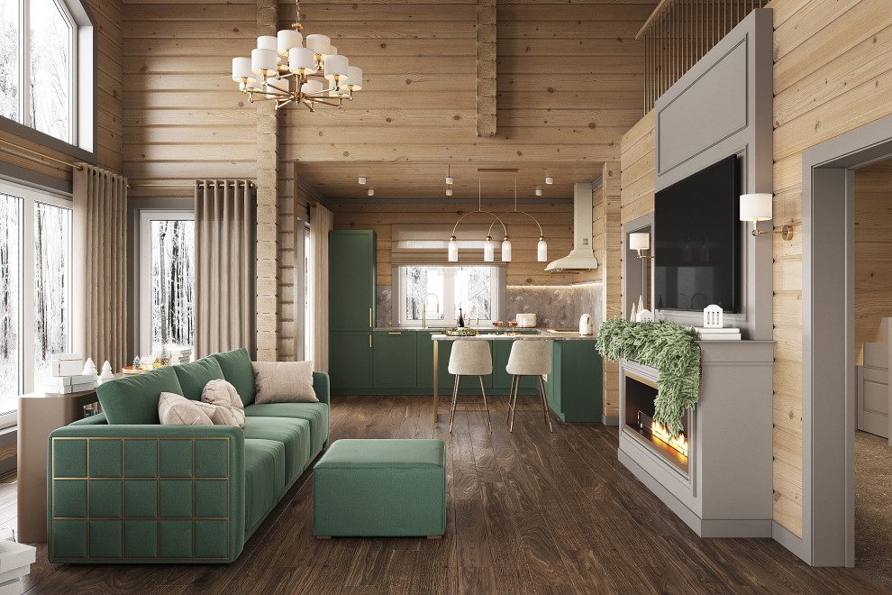 Дизайн кухни-гостиной в загородном доме.