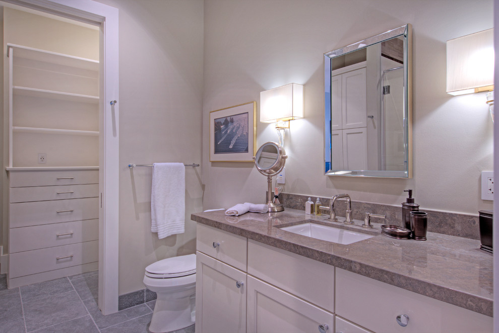 Design ideas for a mid-sized contemporary 3/4 bathroom in Phoenix with shaker cabinets, white cabinets, an alcove shower, beige tile, black tile, gray tile, matchstick tile, grey walls, ceramic floors, an undermount sink and granite benchtops.