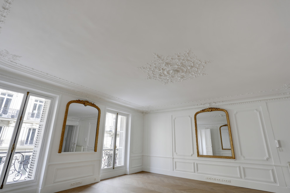 Exempel på ett mycket stort klassiskt separat vardagsrum, med vita väggar, linoleumgolv och beiget golv