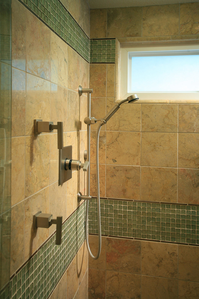Photo of a mid-sized arts and crafts master bathroom in Los Angeles with an alcove shower, multi-coloured tile and stone tile.