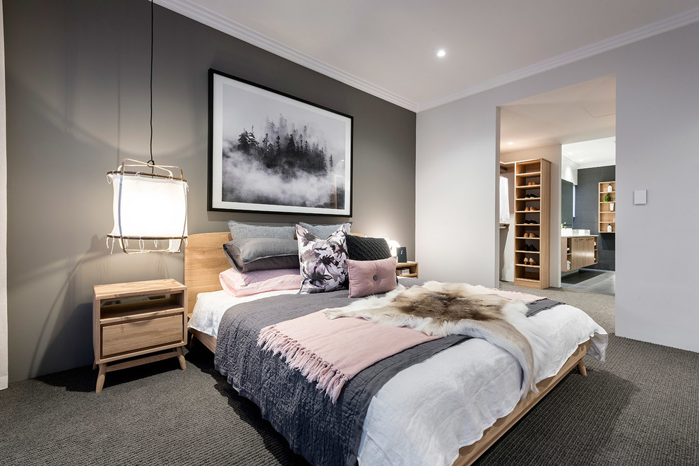 Photo of a contemporary bedroom in Perth with carpet.