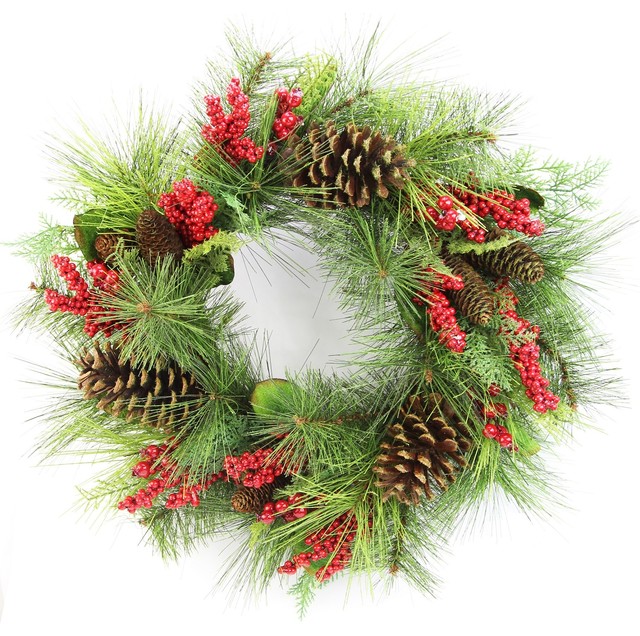 24" Faux Red Berries and Natural Pine Cones Christmas Wreath ...