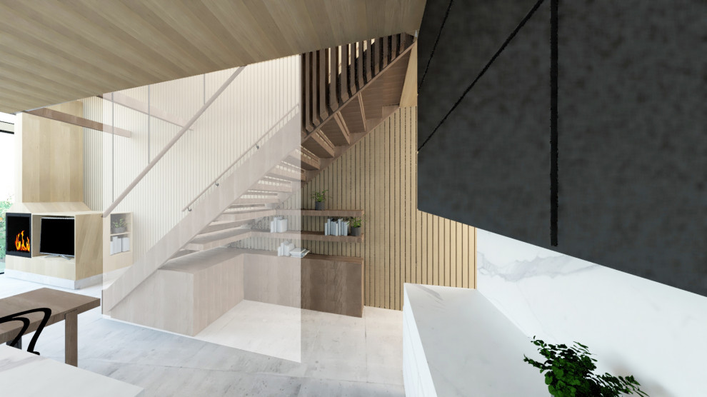 Стильный дизайн: прямая лестница среднего размера в современном стиле с деревянными ступенями и деревянными перилами без подступенок - последний тренд