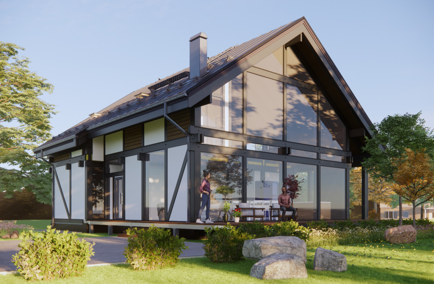 Панорамное остекление в стилей современного фахверка