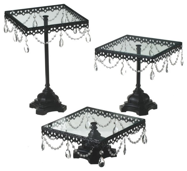 Jeweled Black Square Cake Stand, Set of 3 Traditional Dessert And Cake Stands by Ganz USA