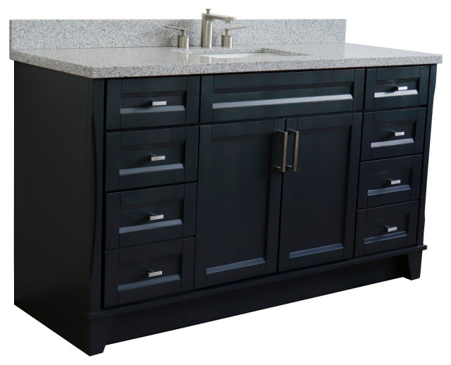 61" Single Sink Vanity, Dark Gray Finish And Gray Granite And Rectangle Sink
