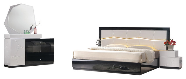Modern White And Black Platform 5 Piece Bedroom Set Led Light Cal King