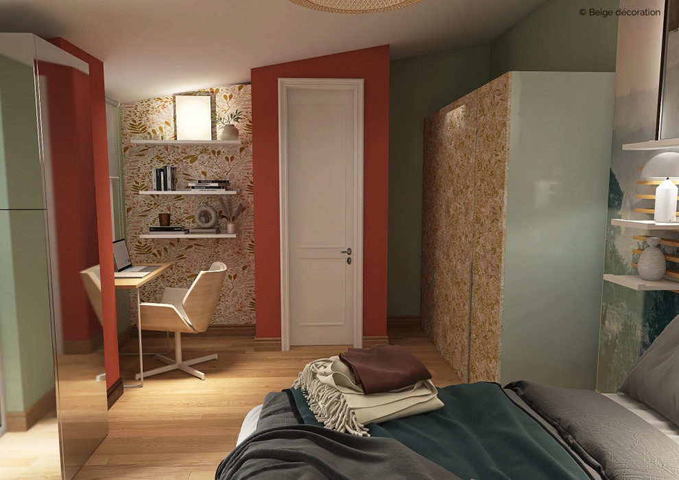 ストラスブールにある小さな北欧スタイルのおしゃれな主寝室 (緑の壁、淡色無垢フローリング、暖炉なし、ベージュの床、クロスの天井、壁紙) のレイアウト