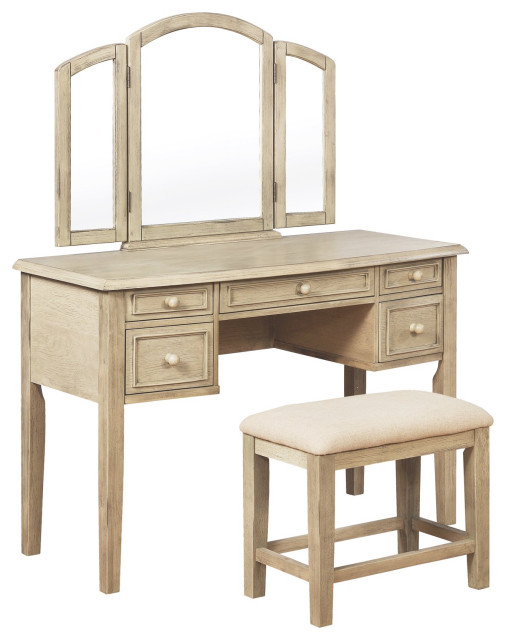 Vintage Vanity Set, TriFolding Mirror & 5 Storage Drawers With Padded