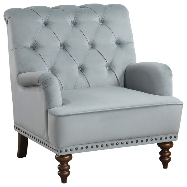 Parry 34" Tufted Accent Chair, Gray Velvet Fabric, Brown Turned Legs