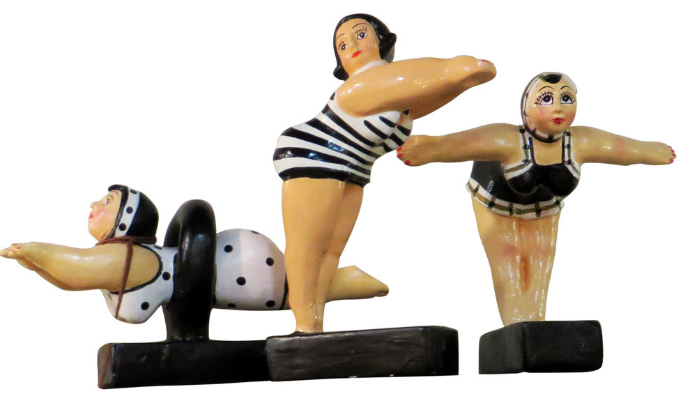 Bathing Beauty Retro Swimmer Statue, Set of Vintage Swimsuit Woman Figurine Beach Style