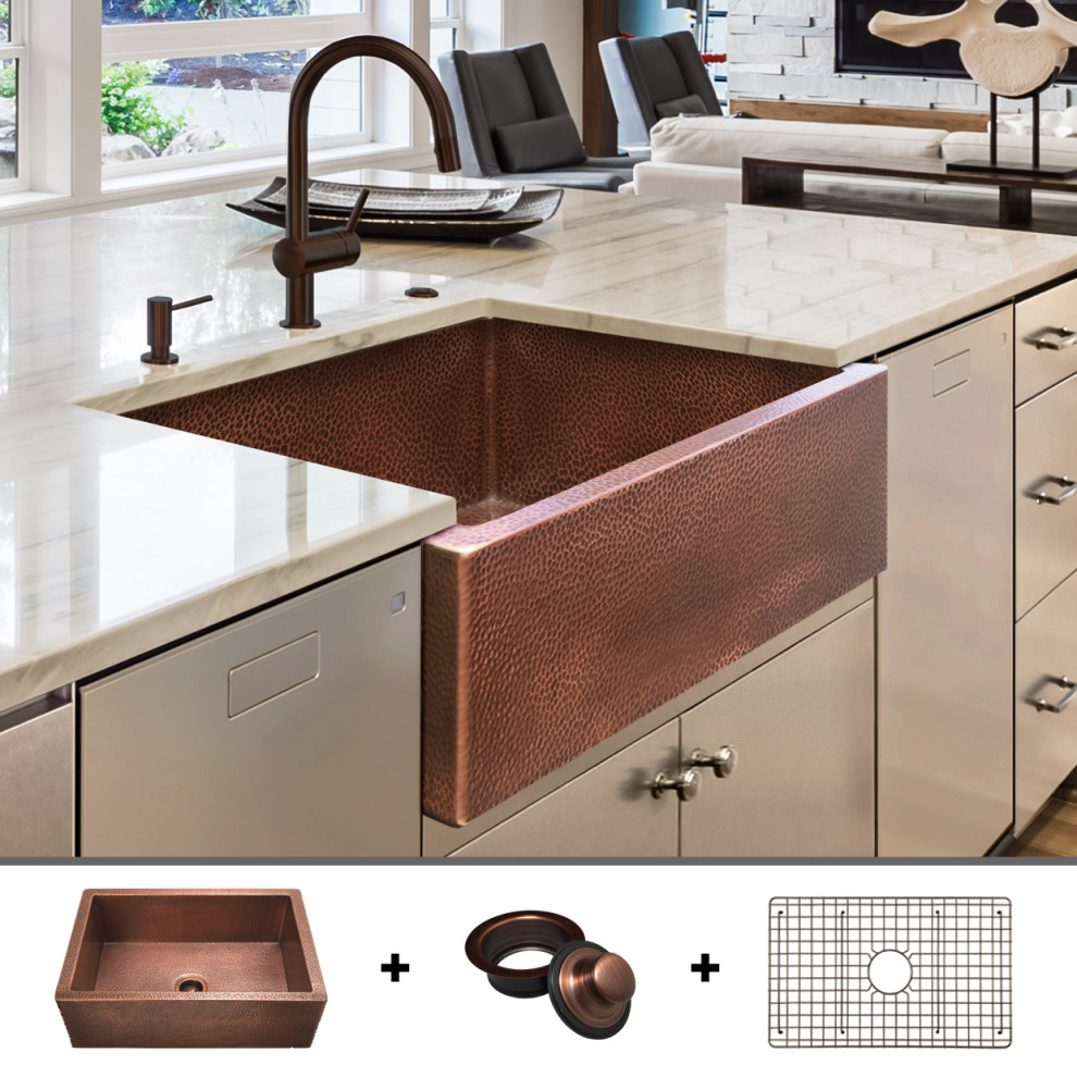 Ultra Thick 12-Gauge Luxury 30" Copper Farmhouse Sink, Includes Grid and Drain - Traditional ...