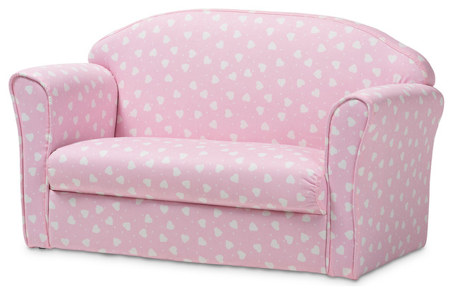 Erica Modern Pink And White Heart Pattern Fabric Upholstered Kids 2 Seater Sofa