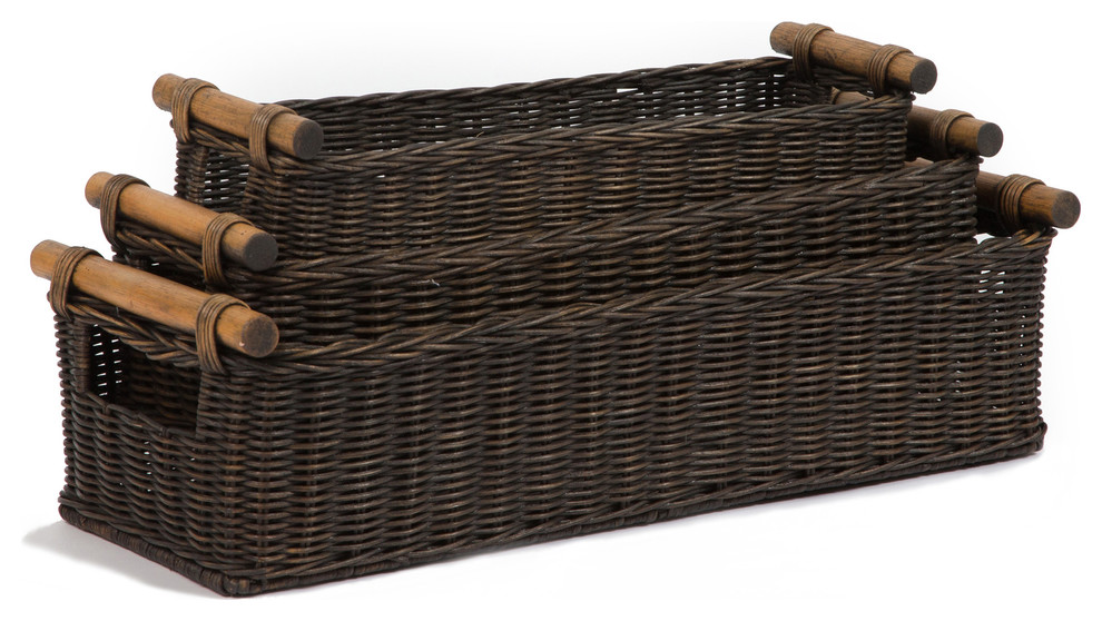 Long Narrow Pole Handle Wicker Basket, Antique Walnut Brown, Medium