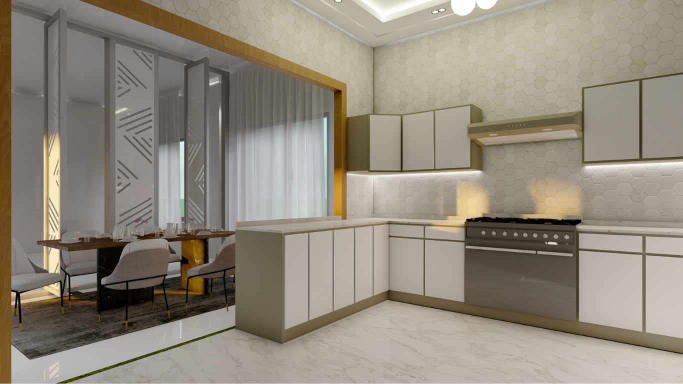Modern Open-Plan Kitchen with Neutral Accents in Borehamwood