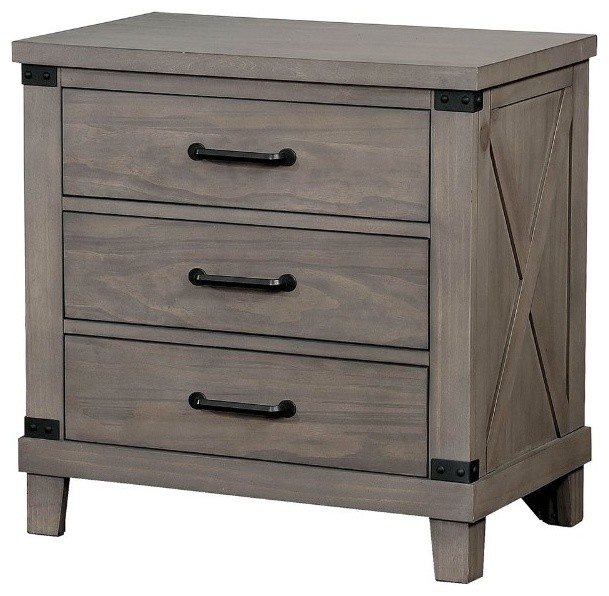 Three Drawer Solid Wood Nightstand with Crossed Planked Side Panels