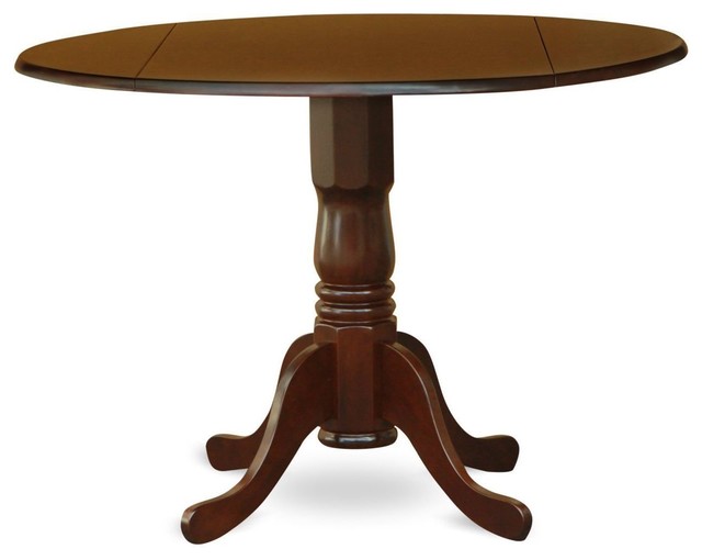 Round 42 Inch Drop Leaf Dining Table With Pedestal Base In Mahogany Wood Finish