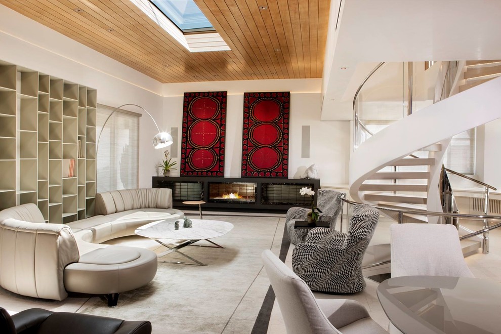 Large trendy open concept marble floor family room library photo in Orange County with white walls, a plaster fireplace, no tv and a ribbon fireplace