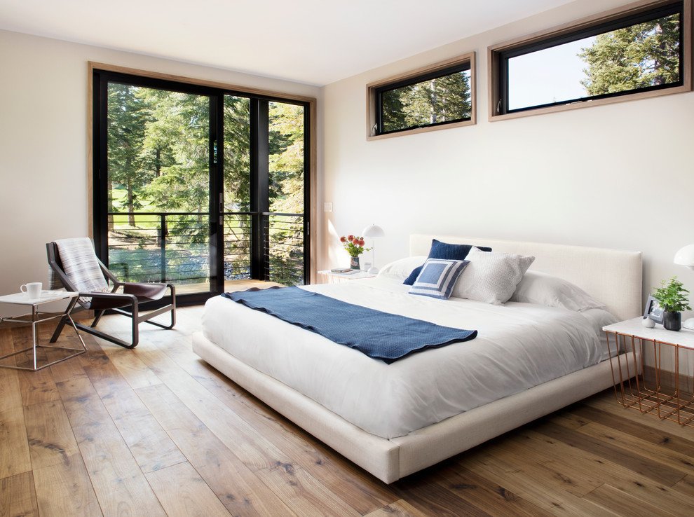 Inspiration for a large modern master bedroom in San Francisco with white walls, a two-sided fireplace, a plaster fireplace surround and light hardwood floors.