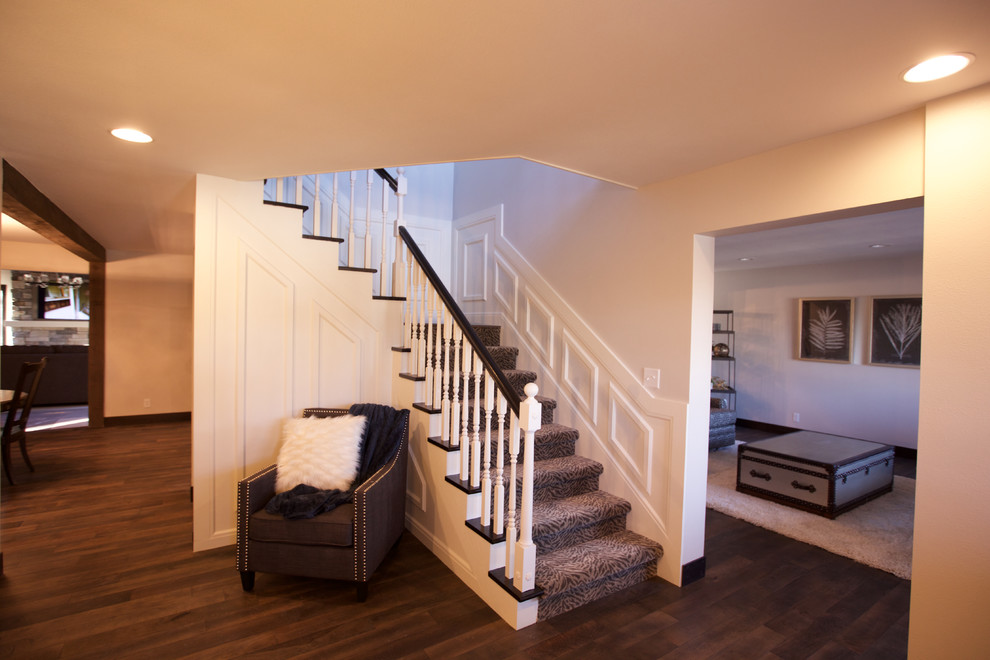 Example of a mid-sized transitional medium tone wood floor front door design with beige walls and a brown front door