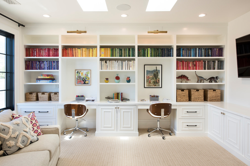 Inspiration for a transitional gender-neutral kids' study room in Salt Lake City with white walls, carpet and beige floor.