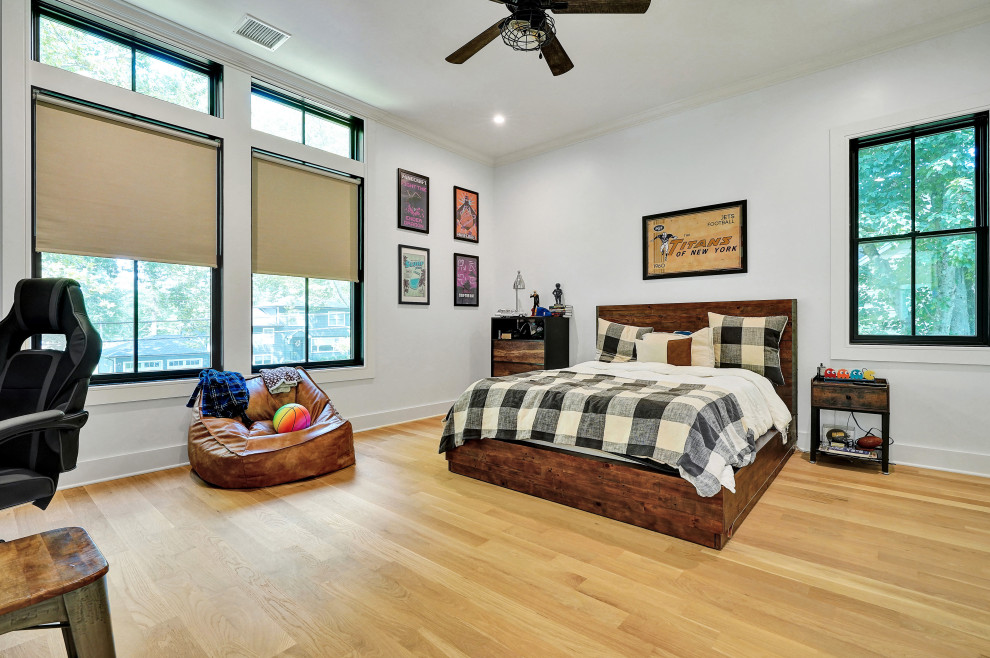 Boy's Bedroom with Rustic Wood Bed & Gaming Setup – Home Addition in Florham Par