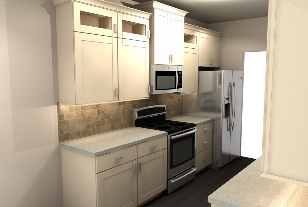 Inspiration for a transitional galley eat-in kitchen remodel in Boise with an integrated sink, shaker cabinets, white cabinets, solid surface countertops, beige backsplash, glass tile backsplash and stainless steel appliances