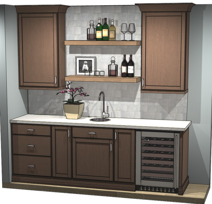 Design ideas for a small traditional galley wet bar in Atlanta with a submerged sink, recessed-panel cabinets, brown cabinets, engineered stone countertops, white splashback, ceramic splashback, dark hardwood flooring, brown floors and white worktops.
