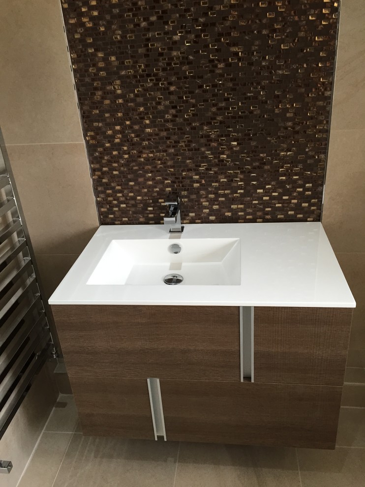 Inspiration for a small contemporary master bathroom in Hampshire with flat-panel cabinets, medium wood cabinets, a double shower, beige tile, porcelain tile, porcelain floors and a wall-mount sink.