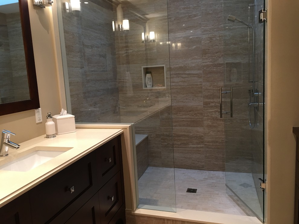 Double shower - mid-sized transitional master beige tile and porcelain tile porcelain tile double shower idea in Toronto with shaker cabinets, medium tone wood cabinets, beige walls, an undermount sink and quartz countertops