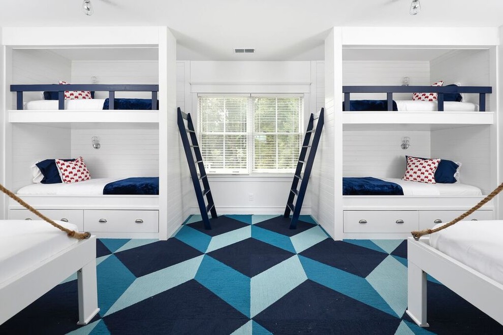 Modern Farmhouse - Kids' bedroom - bedroom coastal gender-neutral carpeted and blue floor kids' bedroom idea in Chicago with white walls