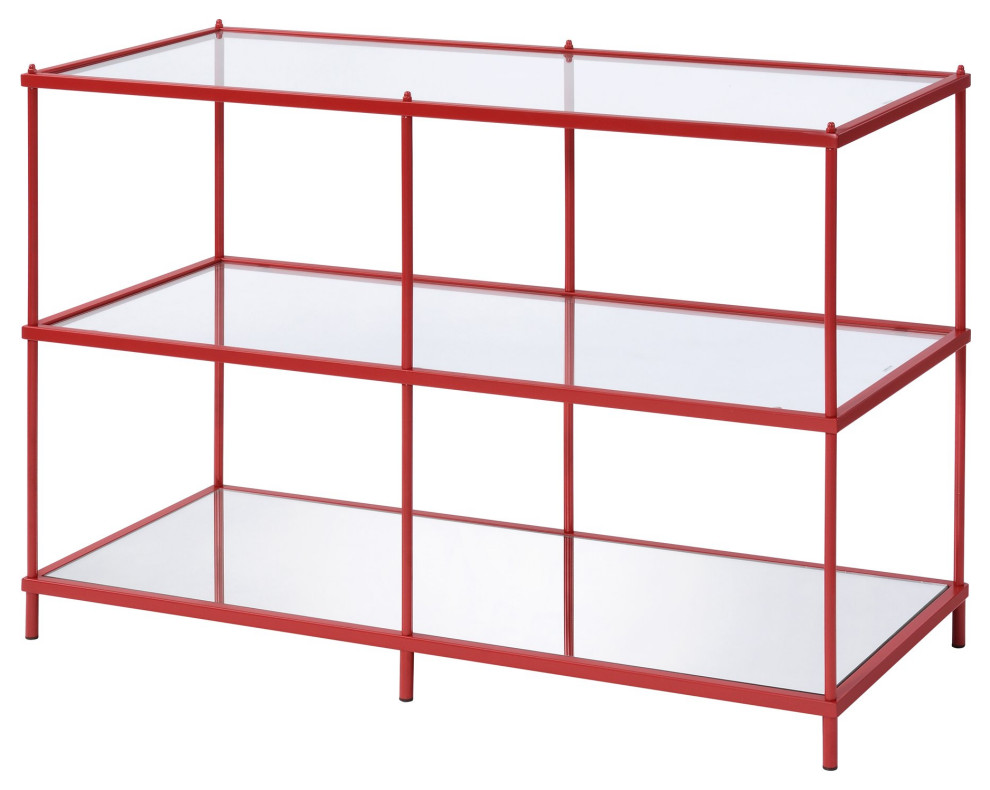 Elegant Console Table, Metal Frame With Glass Top & Mirrored Shelves, Red