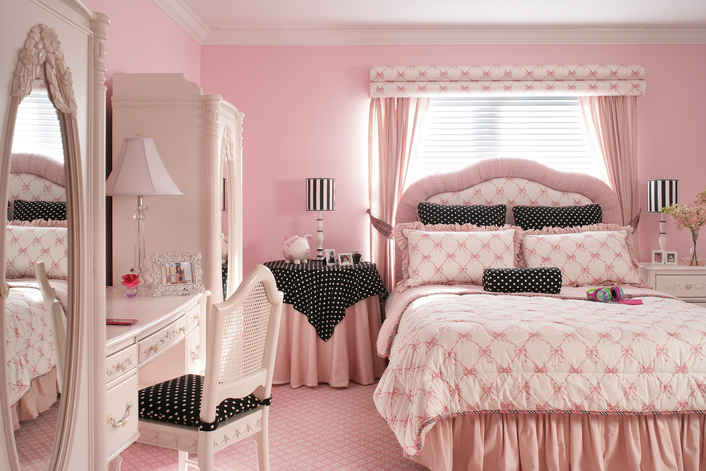 Photo of an expansive traditional kids' bedroom for kids 4-10 years old and girls in Newark with pink walls, carpet and pink floor.