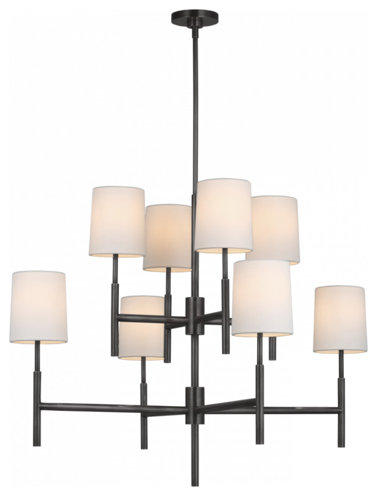Clarion Large Two Tier Chandelier, 8-Light, Bronze, Linen Shade, 37.25"W