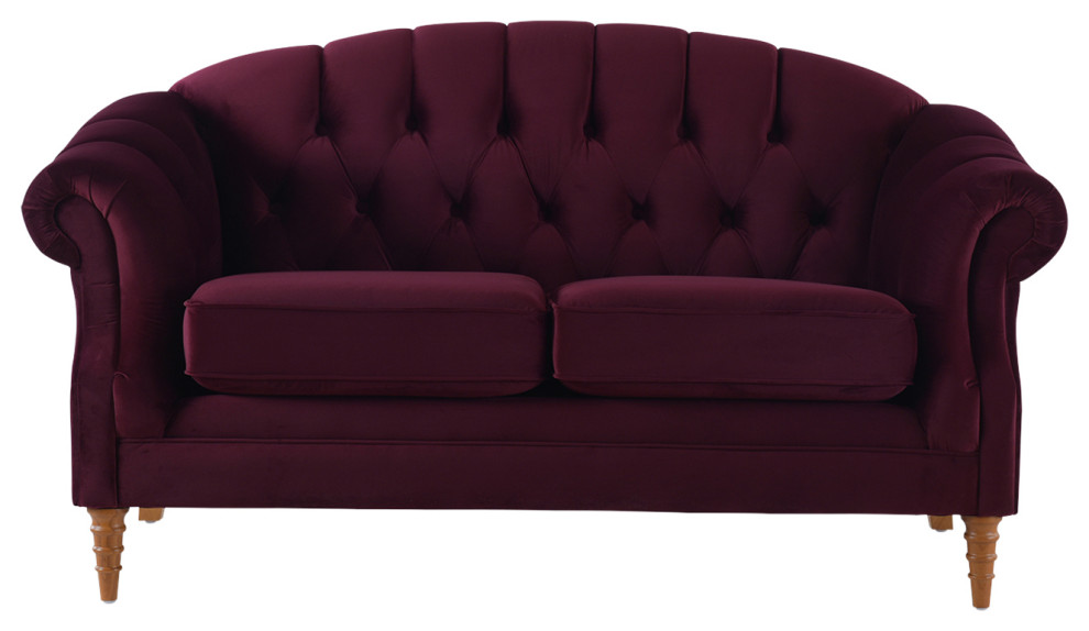 Bernadette Tufted Camelback Victorian Loveseat, Burgundy Velvet Traditional Loveseats by
