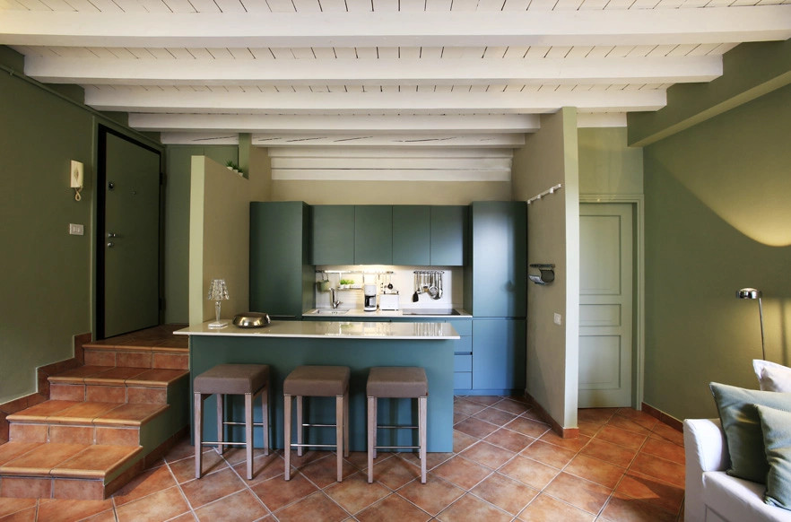 Kleines, Offenes Modernes Wohnzimmer mit grüner Wandfarbe, Terrakottaboden, TV-Wand und freigelegten Dachbalken