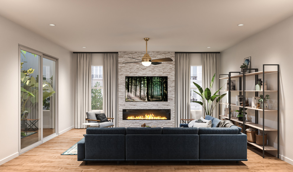 Design ideas for a mid-sized contemporary open concept living room in Charlotte with white walls, vinyl floors, a brick fireplace surround, a wall-mounted tv and beige floor.