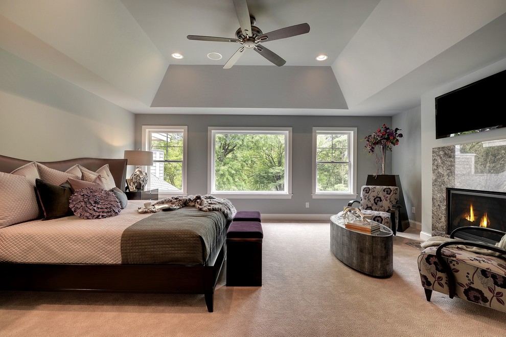 Photo of a transitional bedroom in Minneapolis with grey walls.