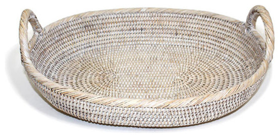 White Wash Rattan Oval Tray With Loop Handles Farmhouse