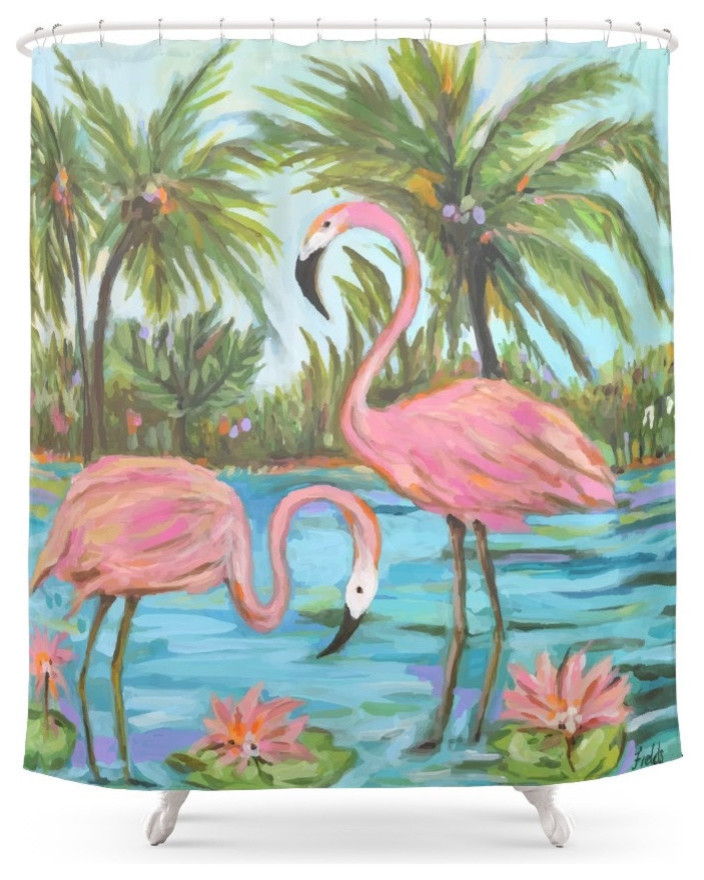 Pink Flamingos Bathroom Shower Curtain - 71  by 74
