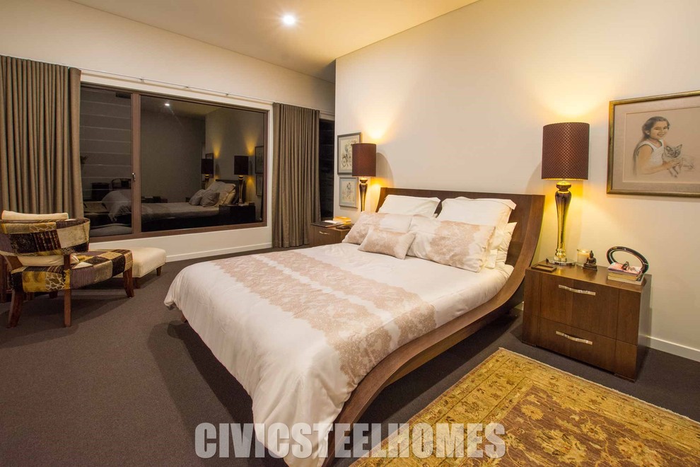 This is an example of a mid-sized asian master bedroom in Brisbane with beige walls and carpet.